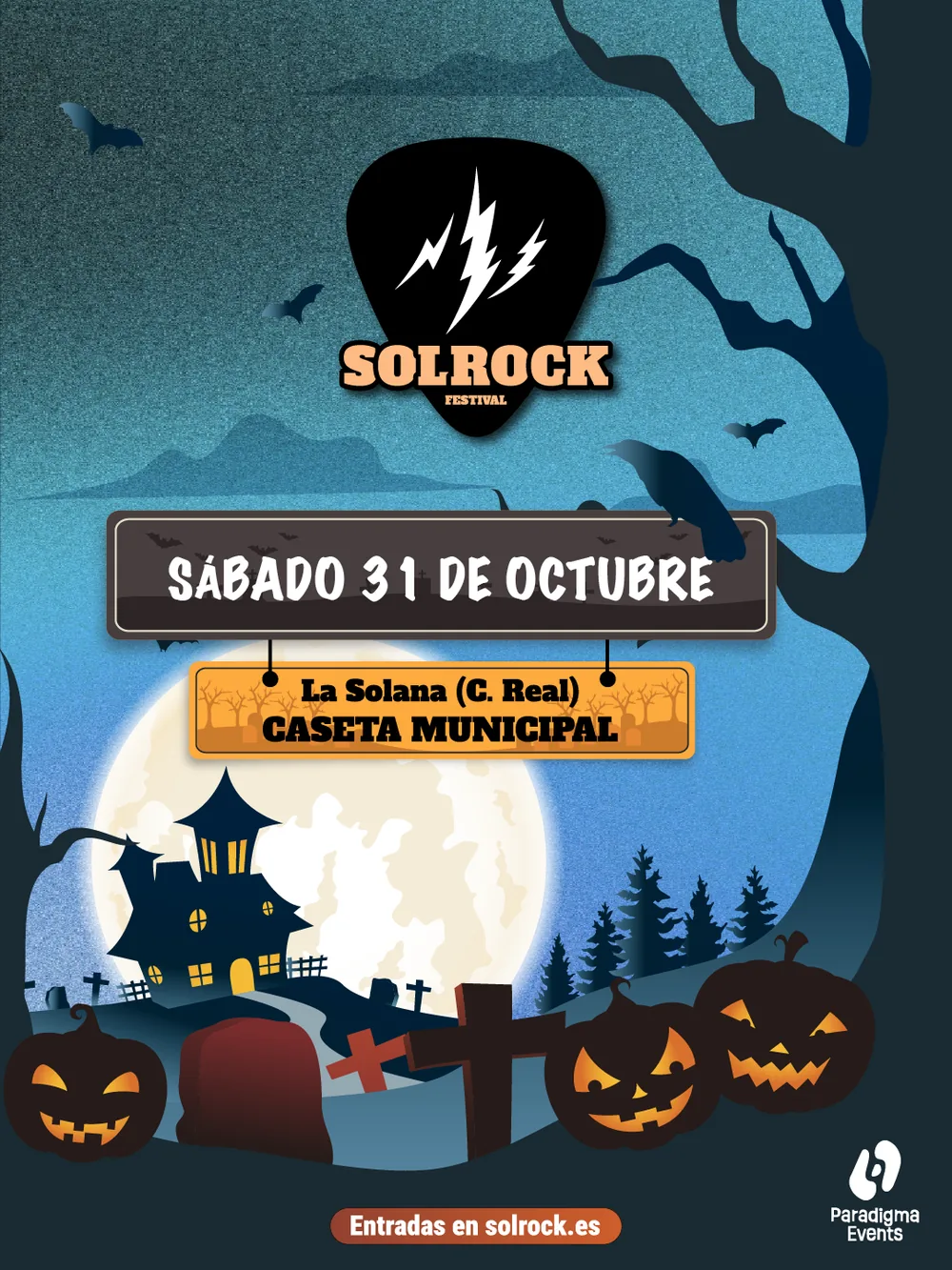 Cartel Solrock 2026: sábado 31 de octubre, La Solana (C. Real), caseta municipal